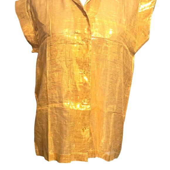 Vintage Golden Yellow Top Womens Size 3 Metallic Button Up Short Sleeve Shirt by - Picture 6 of 10